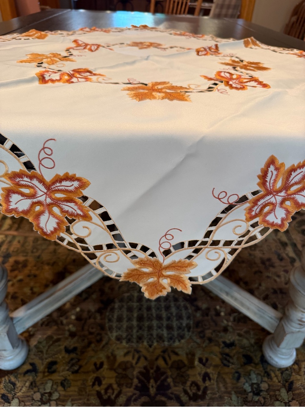 Embroidered Autumn Leaf Table Topper 33” x 33” White and Orange NWT